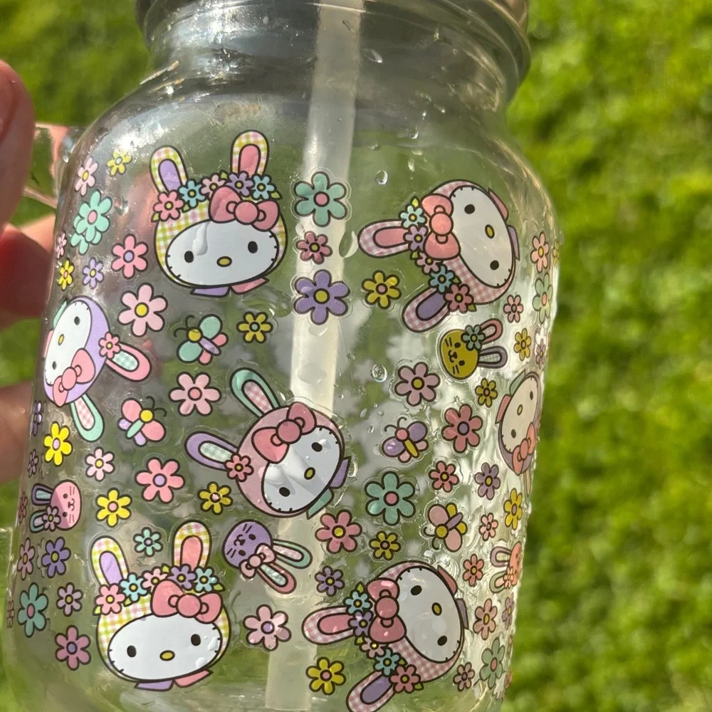 Hello Kitty Pink Floral Glass Mason Jar with Straw